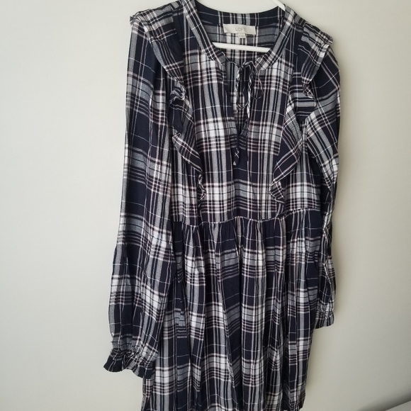LOFT Plaid Ruffle V Neck Swing Dress Size XS - Picture 6 of 15